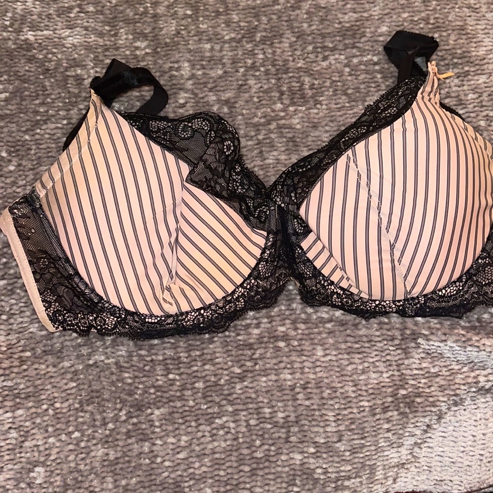 Pink underwire bra with black lace and pinstripes